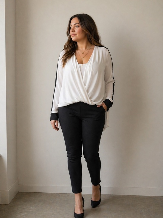BCBGMaxAzria Tops - BCBGMaxAzria White Crepe Blouse With Black Accents US XL